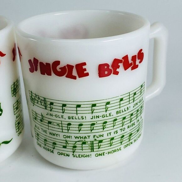 Hazel Atlas Egg Nog Jingle Bells Milk Glass Cups Mugs Set of 2 Tom & Jerry VTG - Picture 3 of 7